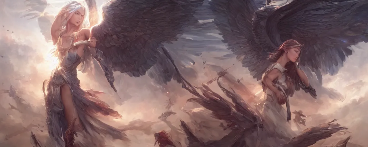 Image similar to battle of angels by magali villeneuve, artgerm, greg rutkowski, digital art, sharp focus, award winning,