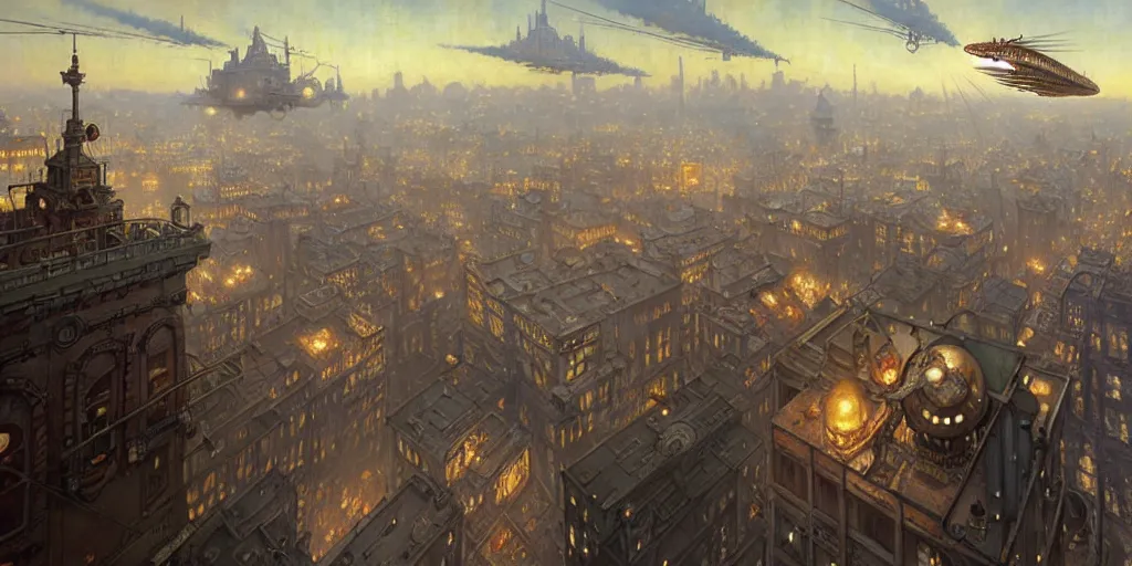 Image similar to steampunk airship above a busy city, exquisite details, denoised, mid view, by norman rockwell, karl kopinski, artsation, greg rutkowski, makoto shinkai, takashi takeuchi, studio ghibli