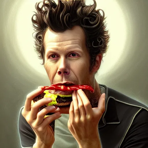 Image similar to portrait of tom waits eating hamburgers, extra onions and ketchup, luscious patty with sesame seeds, feminine ethereal, handsome, d & d, fantasy, intricate, elegant, highly detailed, digital painting, artstation, concept art, matte, sharp focus, illustration, art by artgerm and greg rutkowski and alphonse mucha