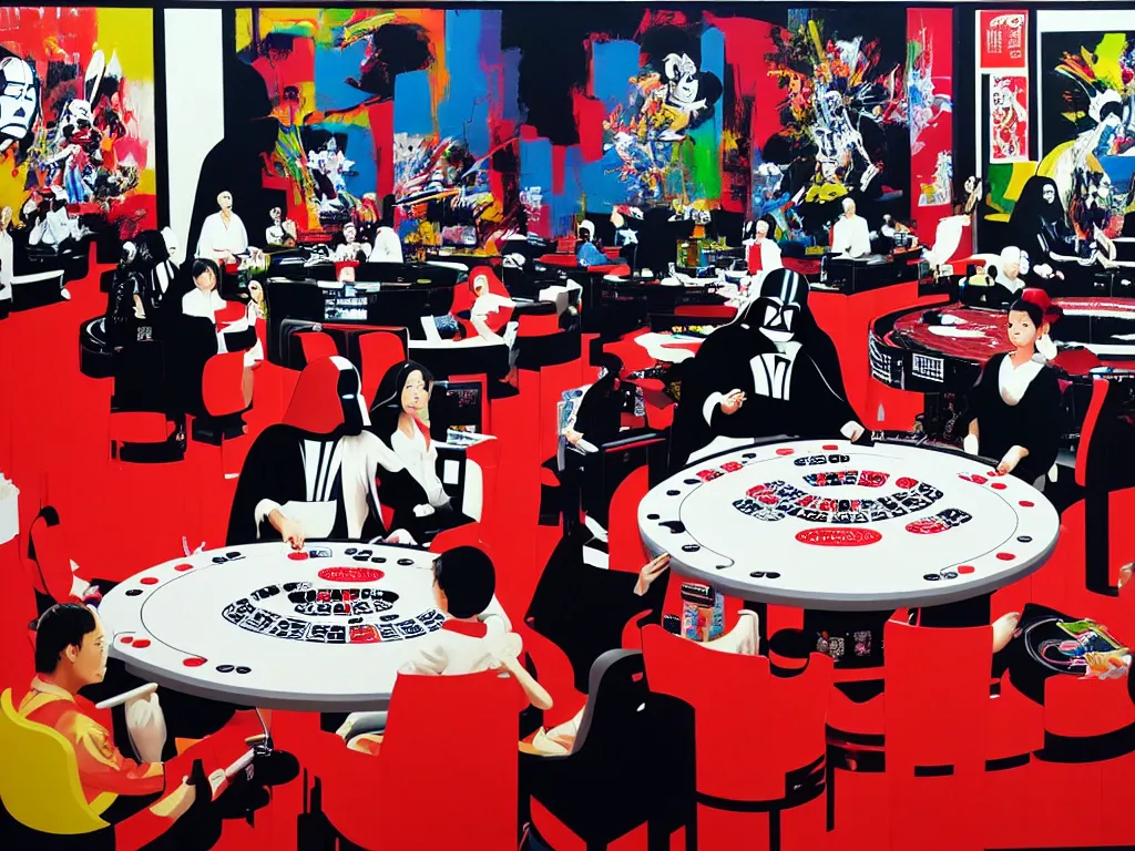 Image similar to hyper - realistic composition of a large room with an extremely detailed poker table in the center, woman in traditional japanese kimono standing nearby, darth vader sitting at the table, fireworks in the background, pop art style, jackie tsai style, andy warhol style, acrylic on canvas, dull palette