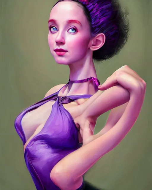 Image similar to young brook shields as a ballerina, perfect face, purple halter top, black hair, abs, cinematic, young adult, slim face, stunning, adorable, cute, athletic, strong, agile, highly detailed, psychedelic, digital painting, artstation, smooth, hard focus, illustration, art by jessica rossier and and brian froud