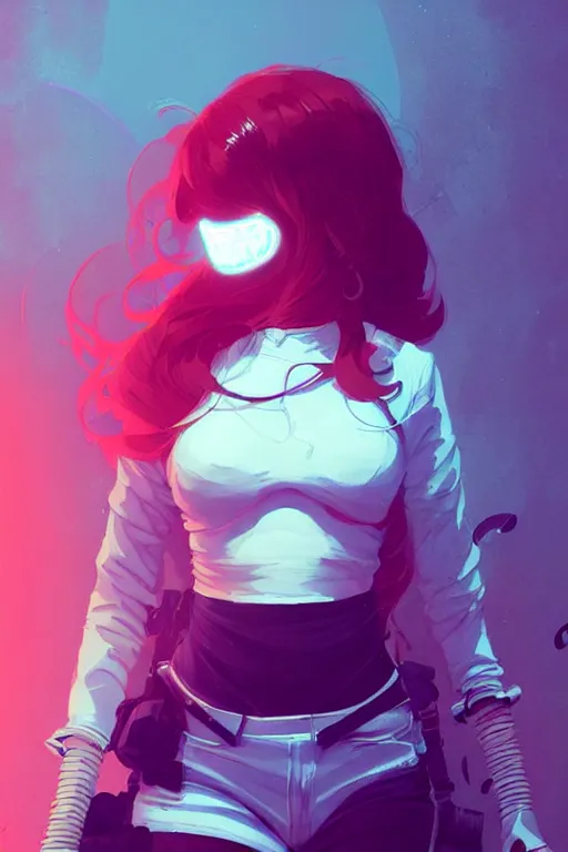 Image similar to techno music - wave highly detailed portrait female in edm club, with kitsune mask, long red hair, by atey ghailan, by greg rutkowski, by greg tocchini, by james gilleard, by joe fenton, by kaethe butcher, dynamic lighting, gradient light blue, brown, blonde cream and white color scheme, grunge aesthetic