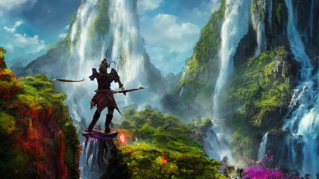 Prompt: A Fantasy Warrior, standing on a cliffside, beside a beautiful colourful waterfall, over looking a large Fantasy city in the middle of the ocean, trending artstation, 8k, highly detailed, matte painting, concept art, over the shoulder wide shot