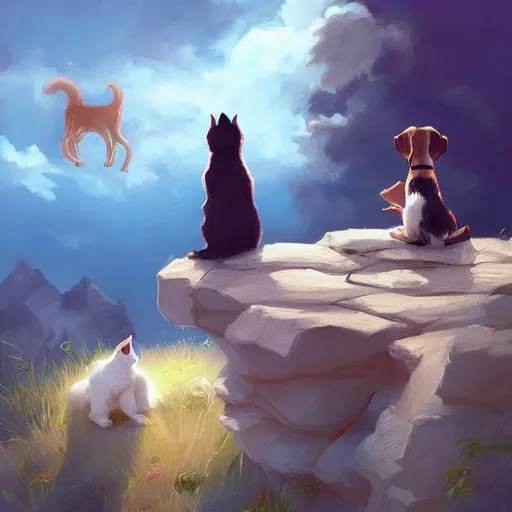 Prompt: A dog and cat stare intently towards the sky, digital art, artstation, Mandy Jurgens, CGSociety, WLOP