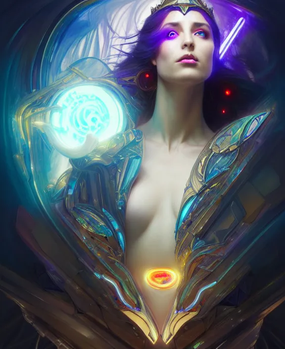 Image similar to a whirlwind of souls rushing inside the metaverse, half body, glowin eyes, tiara with sapphire, pharaoh, android, cyberpunk, d & d, fantasy, intricate, elegant, highly detailed, colorful, vivid color, digital painting, artstation, concept art, art by artgerm and greg rutkowski and alphonse mucha and ruan jia