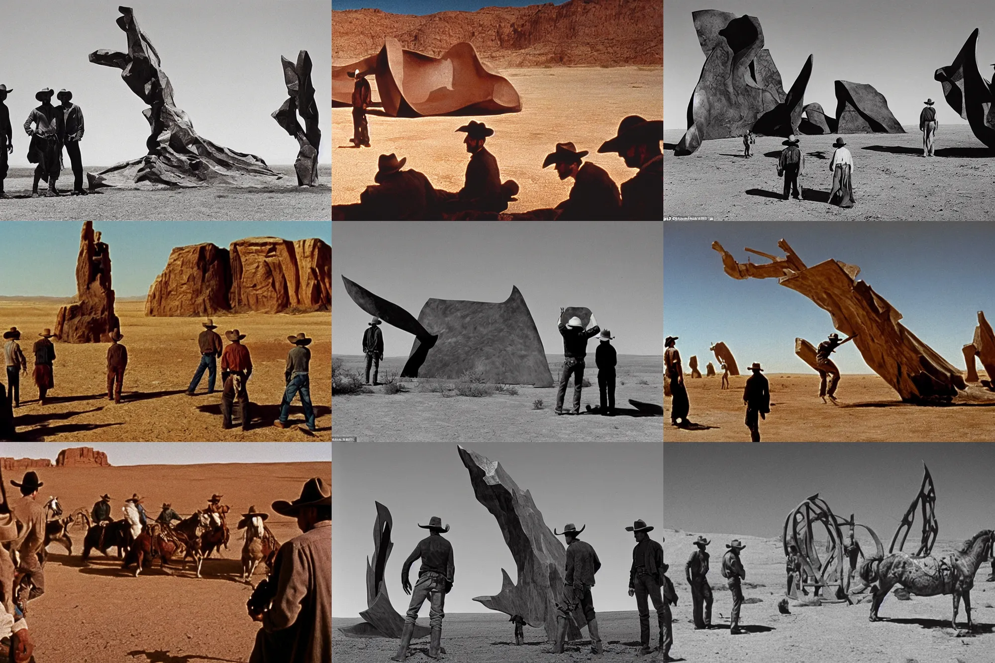 Prompt: film still showing cowboys looking at a gigantic abstract sculpture in the desert directed by Sergio Leone, western, cinemascope, technicolor