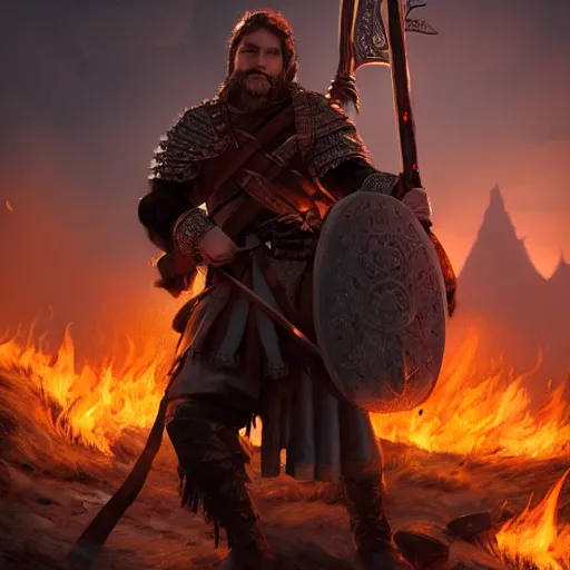 Image similar to adventurer with many weapons strapped to back surrounded by fire, D&D character, 4k, dramatic lighting, incredibly detailed