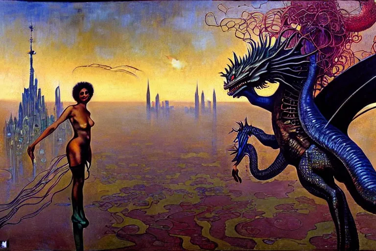 Image similar to realistic extremely detailed closeup portrait painting of a beautiful black woman riding mutant dragon, dystopian city on background by Jean Delville, Amano, Yves Tanguy, Ilya Repin, Alphonse Mucha, Ernst Haeckel, Edward Hopper, Edward Robert Hughes, Roger Dean, heavy metal 1981, rich moody colours