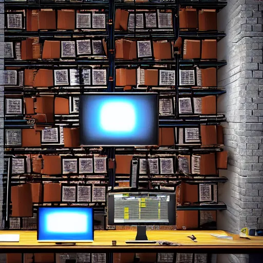 Prompt: cinema 4D cinematic render, ultra detailed, of a person inside a jail cell sitting with a desk and CRT monitor, coding, matrix, cyber, screens and monitors, computer parts, open stack of books, 4K concept art, detailed, brick walls, vibrant setting, cinematic lighting, light shining through the jail cell, casting shadows, trending on art station, old computer monitor, stressful, working, hyper realistic, ultra detailed, unreal engine, 8K post production