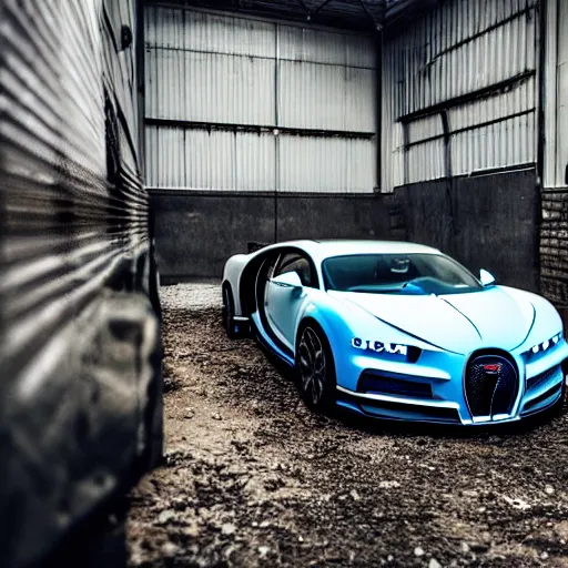 Image similar to an abandoned, derelict, rusty bugatti chiron in a dirty warehouse