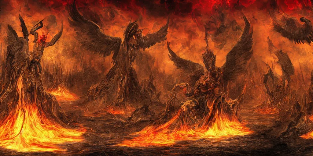 Image similar to digital art, hell, dark and burning full of huge pyres with the bodies of sinners, above hell is our world full of people slaves to machines, robots and technology, and above this world is heaven, empty, with angels looking at the other two worlds crying sadly while god is asleep on a golden throne, ultra detailed and realistic, scary