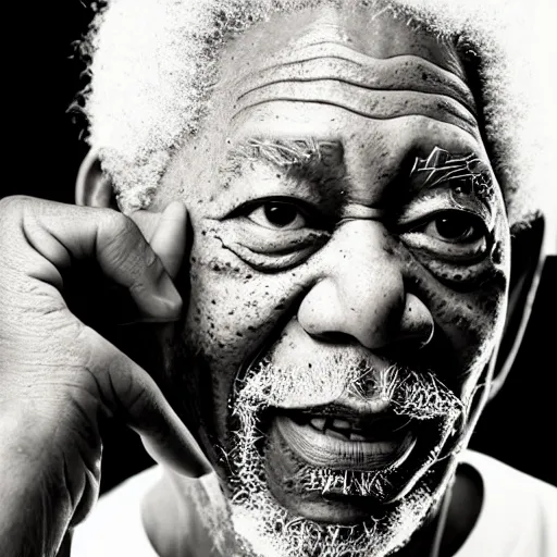 Image similar to a studio photograph of Morgan Freeman as a rapper in 2022, portrait, 40mm lens, shallow depth of field, close up, split lighting, cinematic