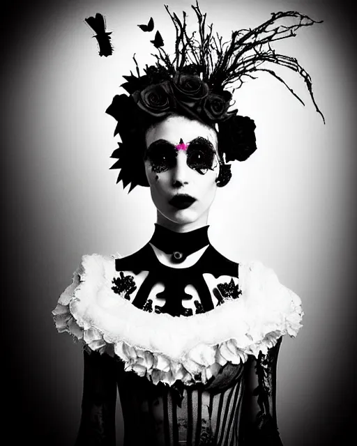 Prompt: dreamy surreal poetic black and white photo of a beautiful young female-cyborg-vegetal with a very long neck and a super big gothic lace collar filled with dead flies and a very high big floral crown with many black dry roses by Vivienne Westwood:: smoke, high fashion, haute couture, rococo, avant-garde, elegant, dreamy, hyper realistic, 150 mm lens, soft rim light, octane render, unreal engine, picture was taken in 1910 by Dora Maar, volumetric lighting, dramatic light,8k,