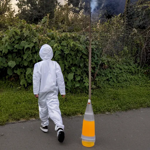 Prompt: a photo of a boy wearing a hazmat suit with a clear glass backpack containing small plant, walking away from the camera, smoke in the background, filthy streets, broken cars. Vines growing. Jpeg artifacts. Full-color photo. Color color color color color. Award-winning photo. OM system 12–40mm PRO II 40mm, 1/100 sec, f/2 8, ISO 800