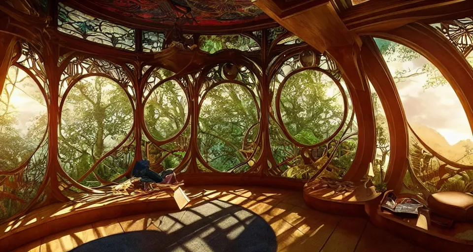 Image similar to An incredibly beautiful scene from a 2022 Marvel film featuring a cozy art nouveau reading nook balcony in a fantasy treehouse interior. 8K UHD.