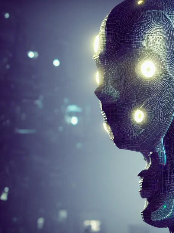 Image similar to cyborg head covered in bard wire, 3 d, in the style of blade runner, octane render, 8 k, rim lighting