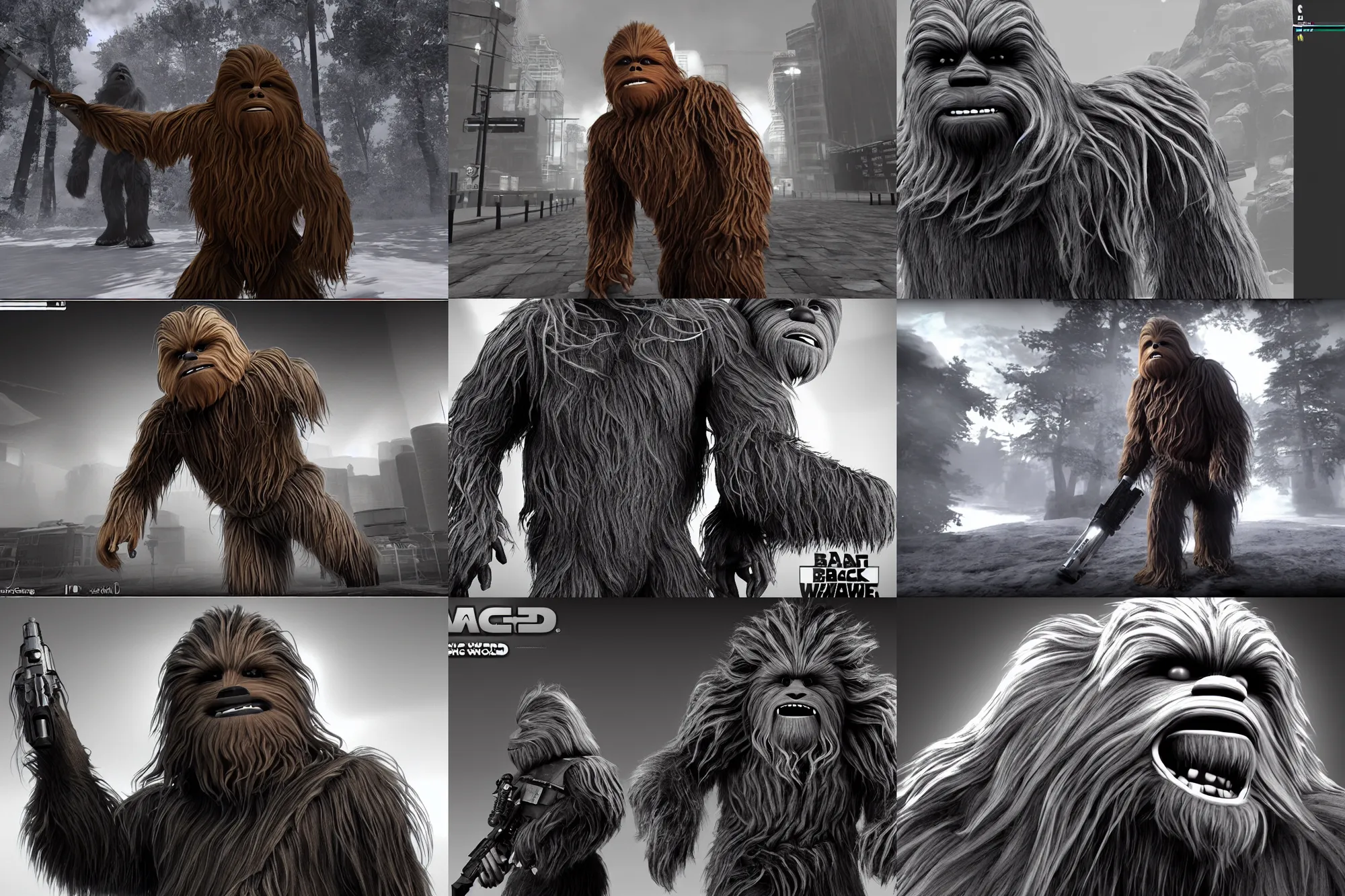 Prompt: a promotional gameplay screenshot of a giant chewbacca in the video game black and white 2. 3 d rendering. very detailed