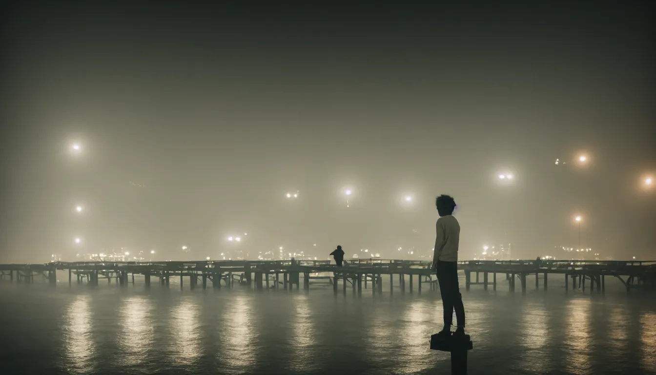 Image similar to 80s asian neon movie still with a lone man levitating over a pier by the river on early morning with city lights behind his back, Fog raising from river, Color film, Fallen angels movie still. hyperrealistic, photorealistic, high definition, medium format photography, highly detailed, tehnicolor, anamorphic 50mm lens