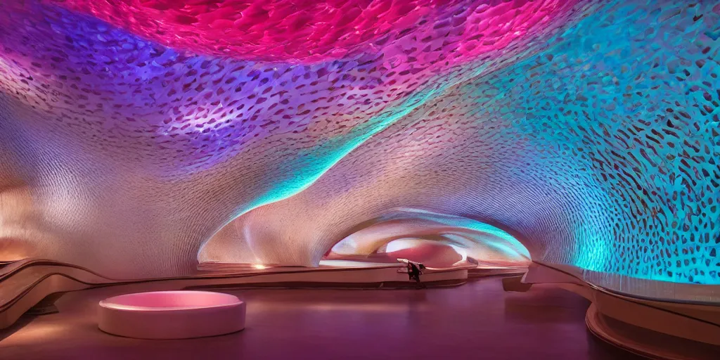 Image similar to extremely detailed awe stunning beautiful futuristic smooth curvilinear museum interior, translucent gills, hyper real, 8k, colorful, 3D cinematic volumetric light, atmospheric light