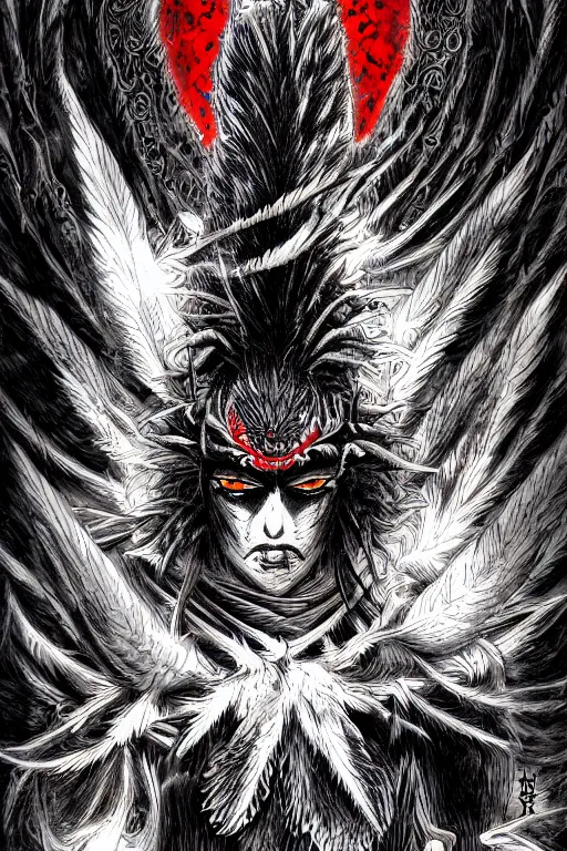 Image similar to crow devil, red eyes, highly detailed, digital art, sharp focus, trending on art station, kentaro miura manga art style