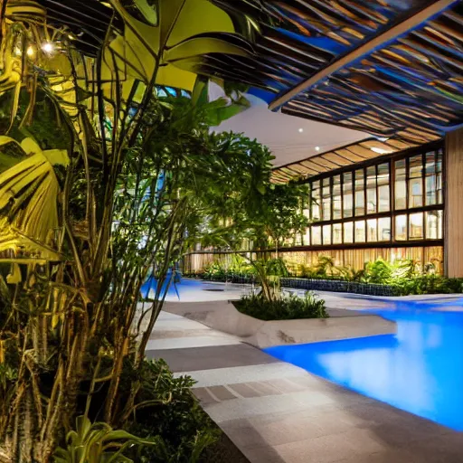 Image similar to The atrium of a refurbished contemporary building filled with tropical plants and lush swimming pool, project by Kengo Kuma, blue hour, 4k