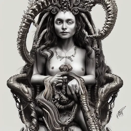 Image similar to intricate detailed artwork of medusa sat on a throne. concept art, artstation, deviantart, cgsociety. 4 k