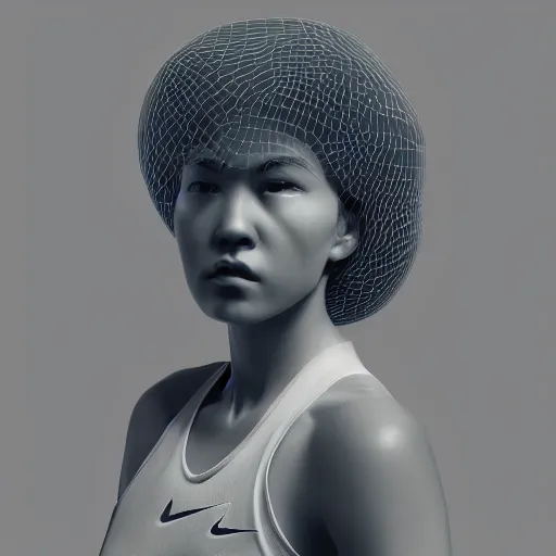 Image similar to abstract 3d female portrait in a modern nike suite age 14 by james jean and Jason Chan, rendering, redshift, octane