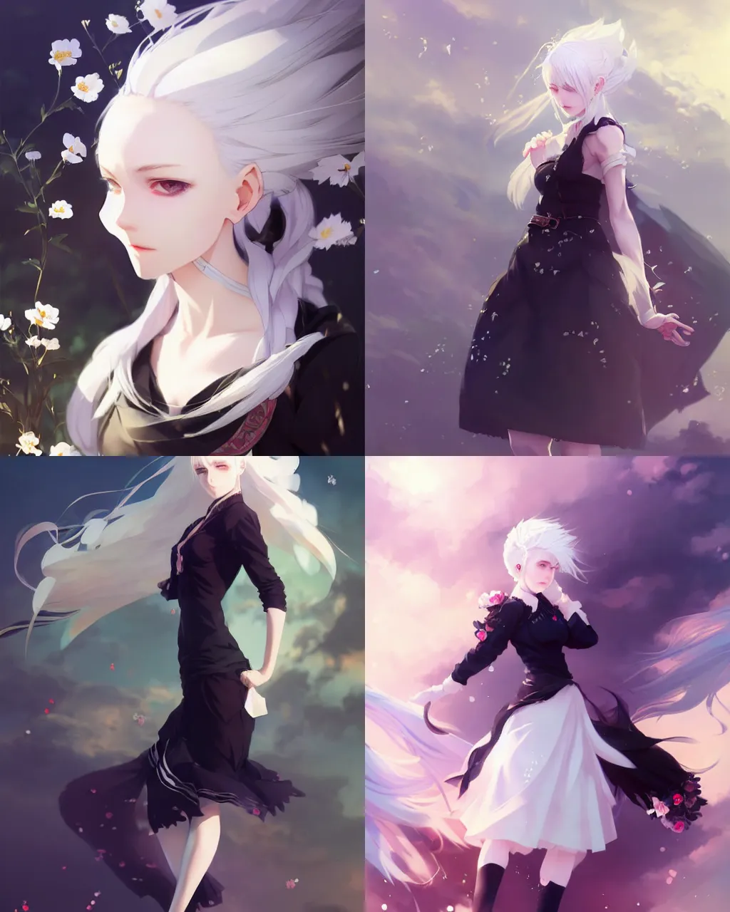 Prompt: girl with white hair and black skirt, flower decoration on the background, a beautiful half body illustration, top lighting, perfect shadow, soft painting, art by hidari and krenz cushart and wenjun lin