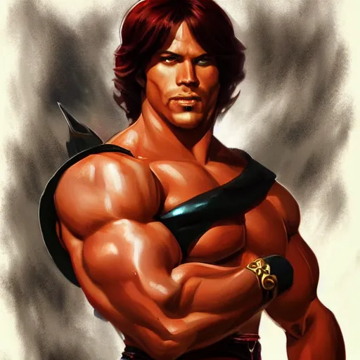Image similar to portrait of thundarr the barbarian, d & d, muscular! athetic slim bodybuilder, red and black, futuristic, fantasy, intricate, elegant, highly detailed, digital painting, artstation, concept art, smooth, sharp focus, illustration, art by artgerm and greg rutkowski and alphonse mucha