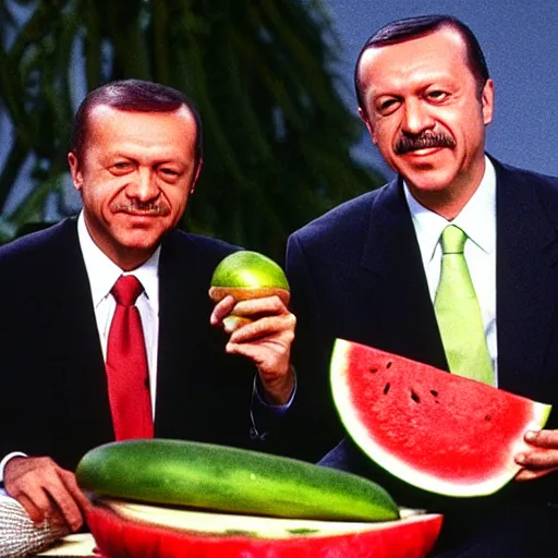 Image similar to recep tayyip erdogan smiling holding watermelon for a 1 9 9 0 s sitcom tv show, studio photograph