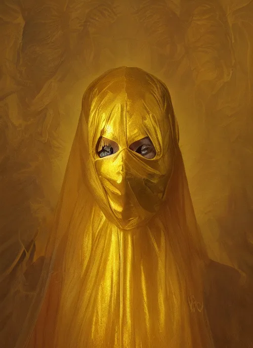 Prompt: a silhouette with a shroud wears a golden mask on her face, by jean delville and sophie anderson and mandy jurgens, golden ratio, perfect composition, elegant, no crop, extremely detailed, hd, masterpiece, artstation