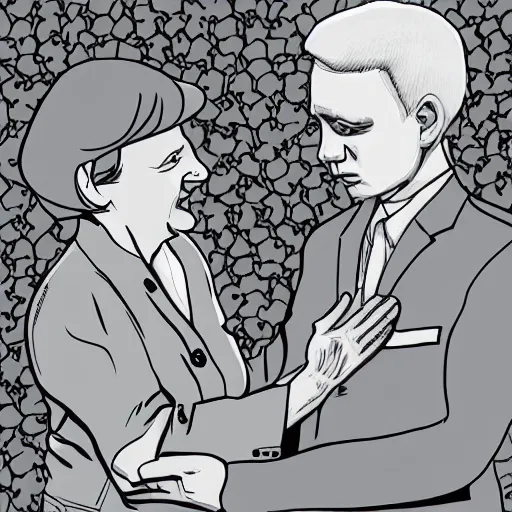 Prompt: Angela Merkel holding hands with Eminem, digital art, anime