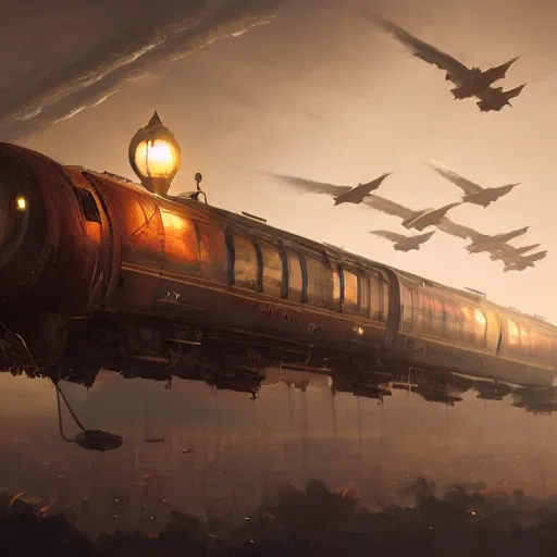 Image similar to flying trains, magical world, by greg rutkowski, sung choi, photo realistic, 8 k, cinematic lighting, hd, atmospheric, hyperdetailed, trending on artstation, devainart, digital painting, glow effect