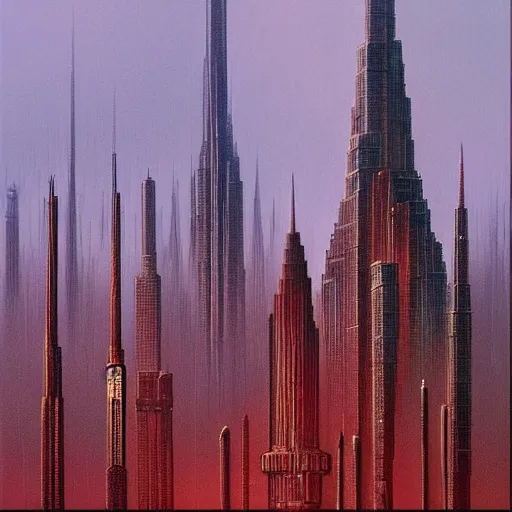 Prompt: towering spires of buildings, cyberpunk bladerunner style, beksinski and star wars style painting