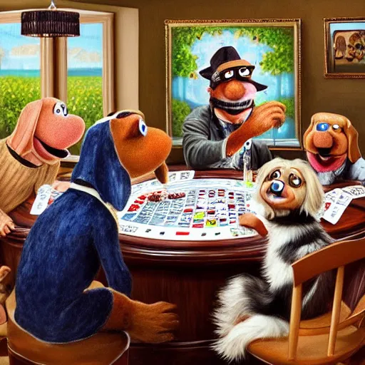 Prompt: dogs playing poker painting but replace the dogs with muppets