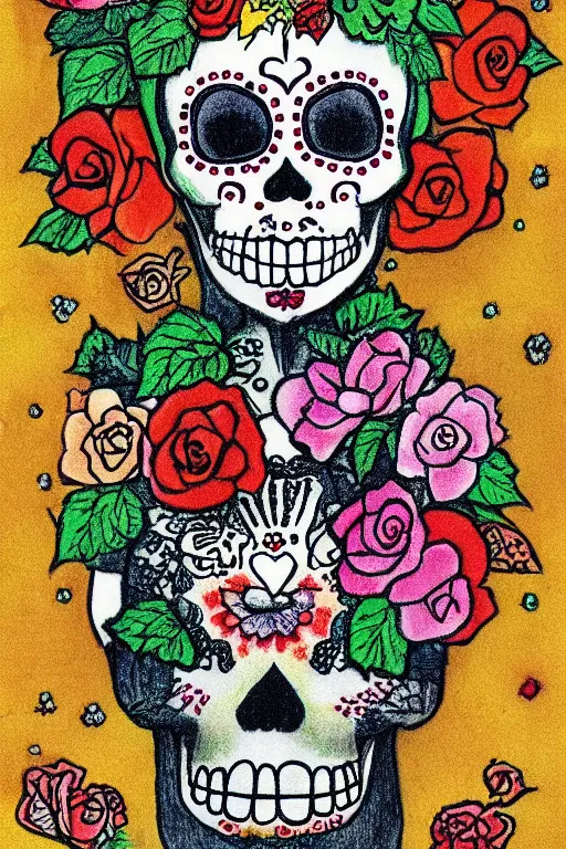 Prompt: Illustration of a sugar skull day of the dead girl, art by Elsa Beskow