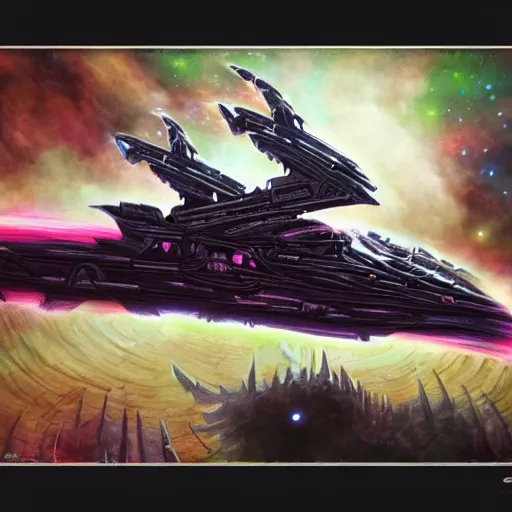 Image similar to cosmic futuristic ship , Warhammer 40k, abstract, painting 4k deep color void