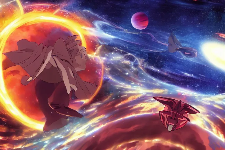 Image similar to Tonemapped Anime character splitting a gas giant in half like Moses with the Red Sea, while a pack of Space whales fly through an interdimensional rift! in the background by (Hiromu Arakawa), Makoto Shinkai and (Cain Kuga)