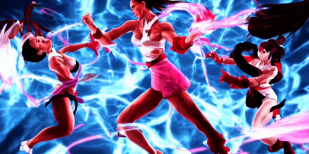 Image similar to Obama fighting solo against Mai Shiranui in King of the fighters XV, 1V1. HR Gameplay of PlayStation5, digital art.