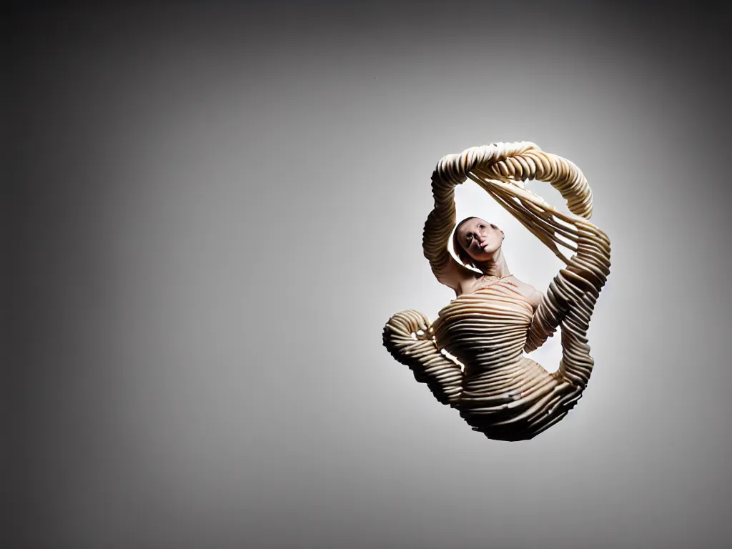 Prompt: a perfect photograph of a woman made of corrugated alabaster. she is floating, contorted and tied in a knot. she has three million legs. perfect focus, studio lighting, maglev chernobyl