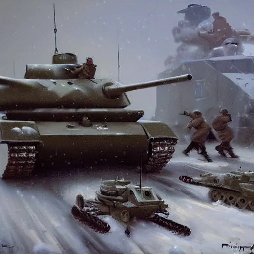 Image similar to greg manchess painting of a tank fight in the world war two in winter with a heavy snow storm, painting, trending on artstation, by huang guangjian and gil elvgren and sachin teng