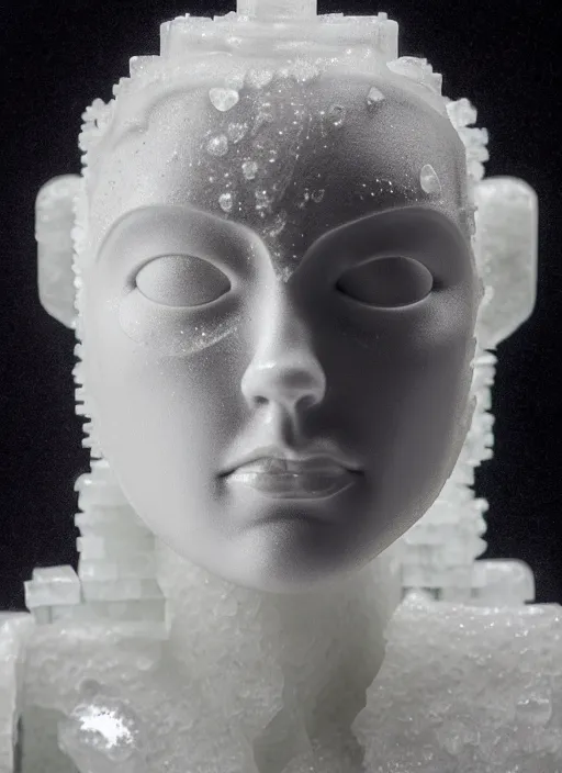 Prompt: a young female cyborg bust made of ice and concrete, dramatic, ilford hp 5, closeup - view, f / 2. 8, high contrast, 1 6 k, fluorescent lamp, contre - jour, insanely detailed and intricate, hypermaximalist, elegant, ornate, hyper realistic, super detailed