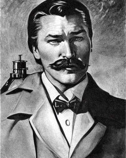 Image similar to Errol Flynn as a scientist. 1980s dystopian Soviet Russia, propaganda screens. Fantasy art by Gustave Courbet, Rosa Bonheur, Edward Hopper, Ilya Yefimovich Repin, Jean-François Millet, Andrew Newell Wyeth. Faithfully depicted facial expression, perfect anatomy, sharp focus, global illumination, radiant light, detailed and intricate environment, trending on ArtStation