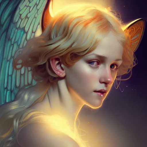 Image similar to Portrait of a girl angel with blonde hair, cat ears, glowing halo, wings, fantasy, intricate, elegant, highly detailed, digital painting, artstation, concept art, smooth, sharp focus, illustration, art by Krenz Cushart and Artem Demura and alphonse mucha