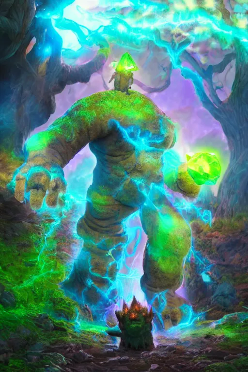 Image similar to arcane fantasy art giant golem elemental wood rock bastion forged gemstone enchanted forest troll, global illumination ray tracing hdr fanart arstation by sung choi and eric pfeiffer and gabriel garza and casper konefal lisa frank zbrush central hardmesh radiating a glowing aura