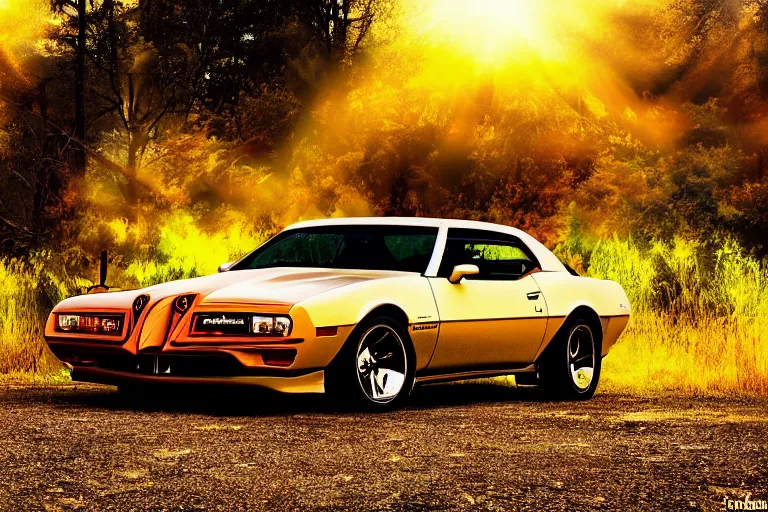 Image similar to pontiac firebird with grafitti tag on side, sunrise, dramatic, cinematic, forest, sunbeams, volumetric lighting, wide shot, low angle, pokemon looking at car