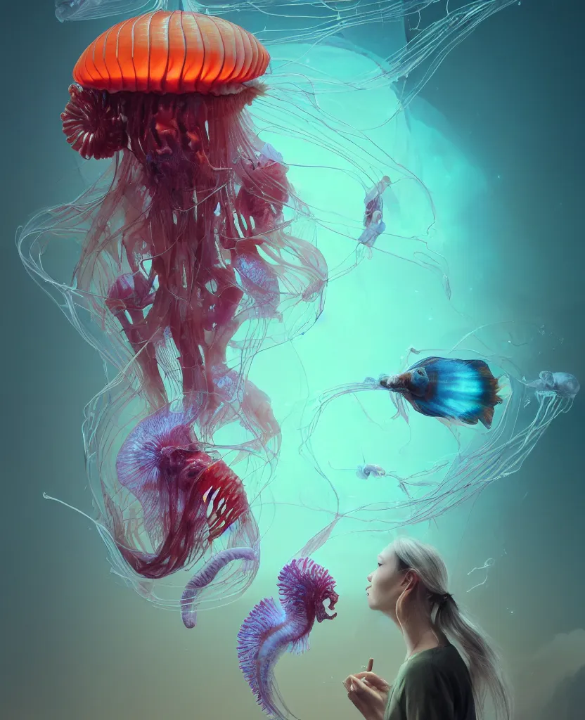 Image similar to human thorax, jellyfish phoenix head, nautilus, orchid, skull, betta fish, bioluminiscent creatures, intricate artwork by Tooth Wu and wlop and beeple. octane render, trending on artstation, greg rutkowski very coherent symmetrical artwork. cinematic, hyper realism, high detail, octane render, 8k