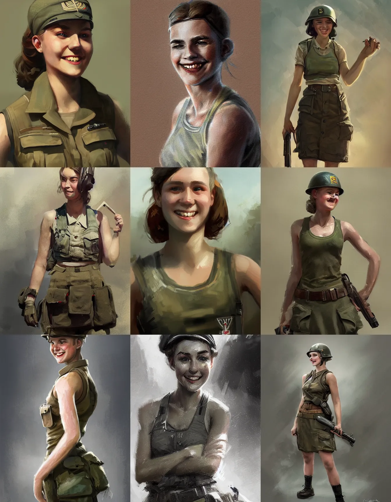 Prompt: young female ww 2 combat engineer, wearing a tanktop and skirt, smiling, digital portrait by greg rutkowski, intricate, soft focus, highly detailed, cinematic, epic, artstation