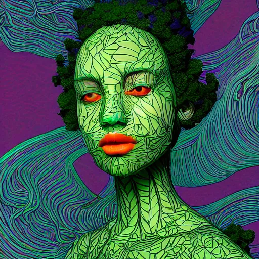 Image similar to the portrait of an unbelievably beautiful and sophisticated young woman made up of broccoli looking straight up, an ultrafine detailed illustration by james jean, intricate linework, bright colors, final fantasy, behance contest winner, vanitas, angular, altermodern, unreal engine 5 highly rendered, global illumination, radiant light, detailed and intricate environment