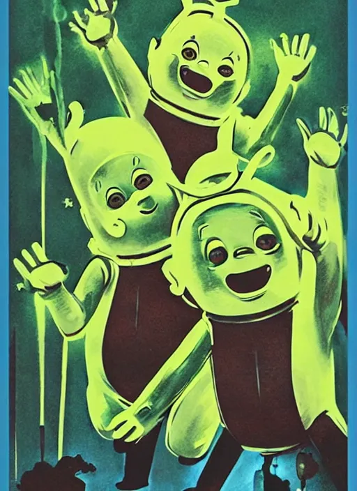 Prompt: teletubbies horror movie poster, grotesque, scary, high details, minimalist, by vincent di fate, artgerm julie bell beeple, inking, 1960s, vintage 60s print, screen print